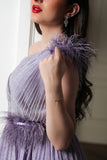 Evening dress with pleated design on the chest and one shoulder, purple