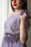 Evening dress with pleated design on the chest and one shoulder, purple