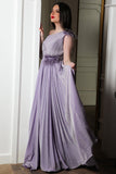 Evening dress with pleated design on the chest and one shoulder, purple