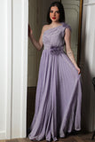 Evening dress with pleated design on the chest and one shoulder, purple