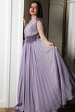 Evening dress with pleated design on the chest and one shoulder, purple