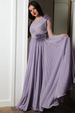 Evening dress with pleated design on the chest and one shoulder, purple