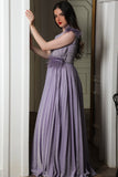 Evening dress with pleated design on the chest and one shoulder, purple