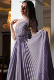 Evening dress with pleated design on the chest and one shoulder, purple