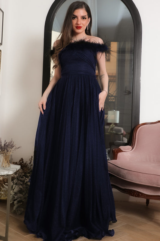 Navy blue evening dress decorated with feathers