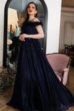 Navy blue evening dress decorated with feathers