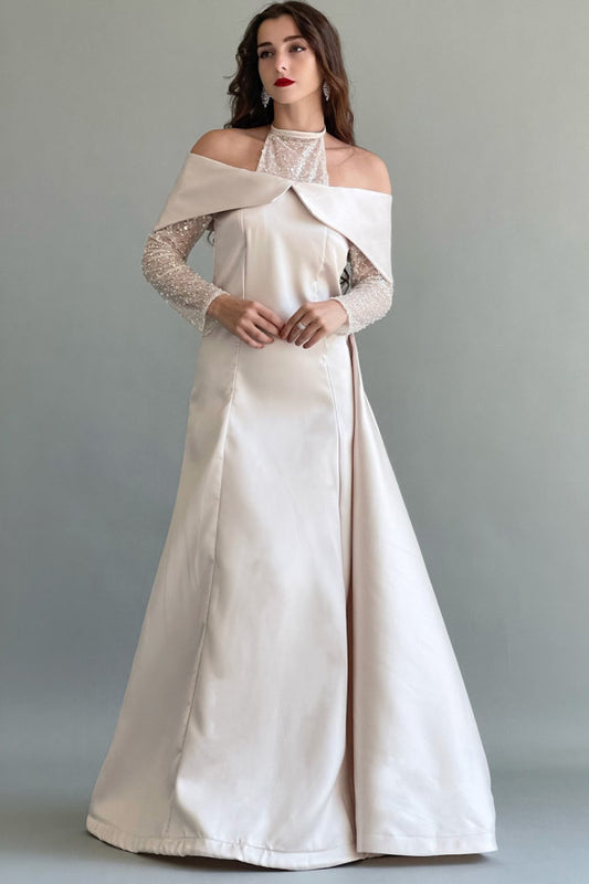 Evening dress with embroidered sleeves