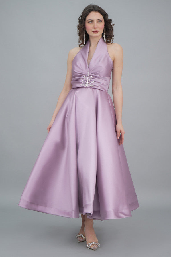 Off-the-shoulder evening dress, light mauve color