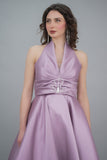 Off-the-shoulder evening dress, light mauve color