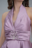 Off-the-shoulder evening dress, light mauve color