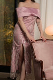 Off-shoulder embroidered tulle dress, pink color