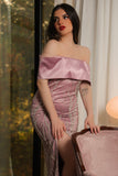 Off-shoulder embroidered tulle dress, pink color