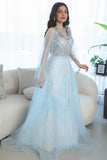 Long open sleeve evening dress, sky blue