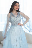 Long open sleeve evening dress, sky blue