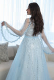 Long open sleeve evening dress, sky blue