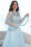 Long open sleeve evening dress, sky blue