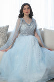 Long open sleeve evening dress, sky blue