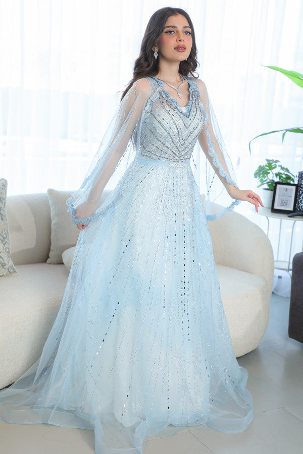 Long open sleeve evening dress, sky blue