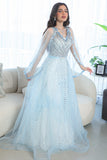 Long open sleeve evening dress, sky blue