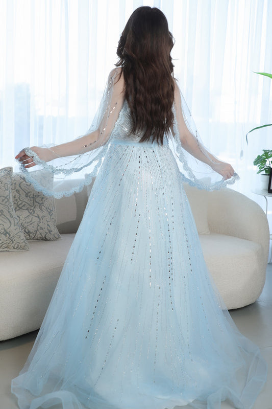 Long open sleeve evening dress, sky blue