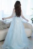 Long open sleeve evening dress, sky blue