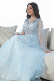 Long open sleeve evening dress, sky blue