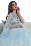 Long open sleeve evening dress, sky blue