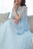 Long open sleeve evening dress, sky blue