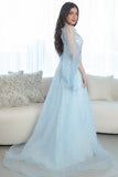 Long open sleeve evening dress, sky blue