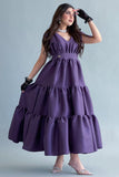 Long dress with layers and a bow on the shoulder, mauve color