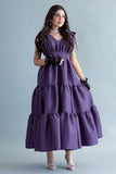 Long dress with layers and a bow on the shoulder, mauve color