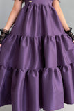 Long dress with layers and a bow on the shoulder, mauve color