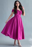 Off-shoulder evening dress with a fuchsia bow