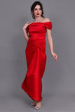 Evening dress with pleats and off-shoulder collar, red