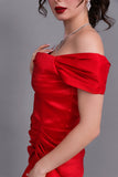 Evening dress with pleats and off-shoulder collar, red