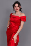 Evening dress with pleats and off-shoulder collar, red