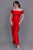 Evening dress with pleats and off-shoulder collar, red