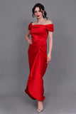 Evening dress with pleats and off-shoulder collar, red