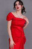 Evening dress with pleats and off-shoulder collar, red