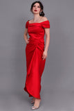 Evening dress with pleats and off-shoulder collar, red