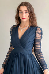 Evening dress with drape sleeves, turquoise color