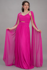 Pleated dress with cape sleeves, fuchsia color