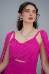 Pleated dress with cape sleeves, fuchsia color