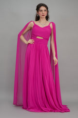 Pleated dress with cape sleeves, fuchsia color