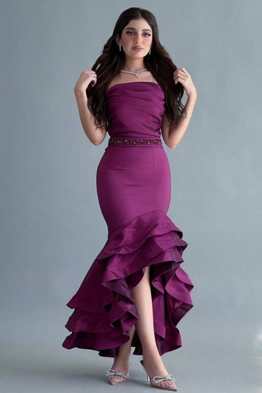 Evening dress with asymmetrical layered design