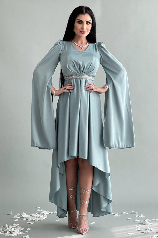 Asymmetric dress with cape sleeves in Tiffany