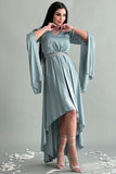 Asymmetric dress with cape sleeves in Tiffany