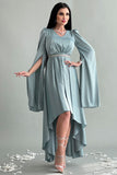 Asymmetric dress with cape sleeves in Tiffany