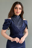 Maxi evening dress with embroidered collar, navy blue