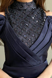 Maxi evening dress with embroidered collar, navy blue